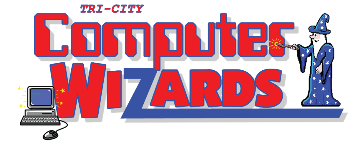 Original hand-drawn Tri-City Computer Wizards logo with a vintage computer and blue-robed wizard